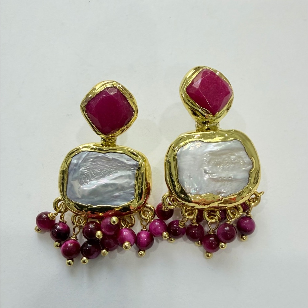Alexis Bittar Gold-Tone Red Jade  Gemstone & Pearl Fringe Drop Earrings